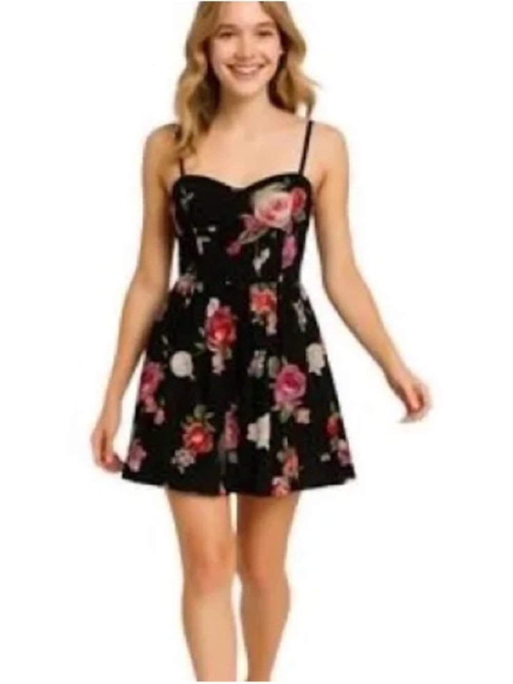 Band of Gypsies Black Mini Dress with Pink Rose Print